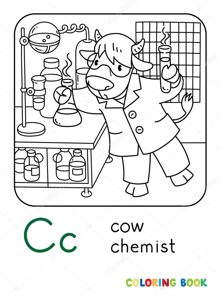 Cow chemist ABC coloring book. Alphabet C