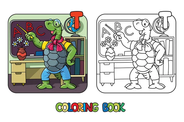 Tortuga profesora ABC para colorear libro. Alfabeto T — Archivo Imágenes Vectoriales