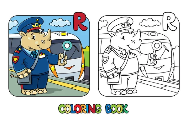 Rhino railroader kolorowanka książki. Alfabet zwierząt R — Wektor stockowy