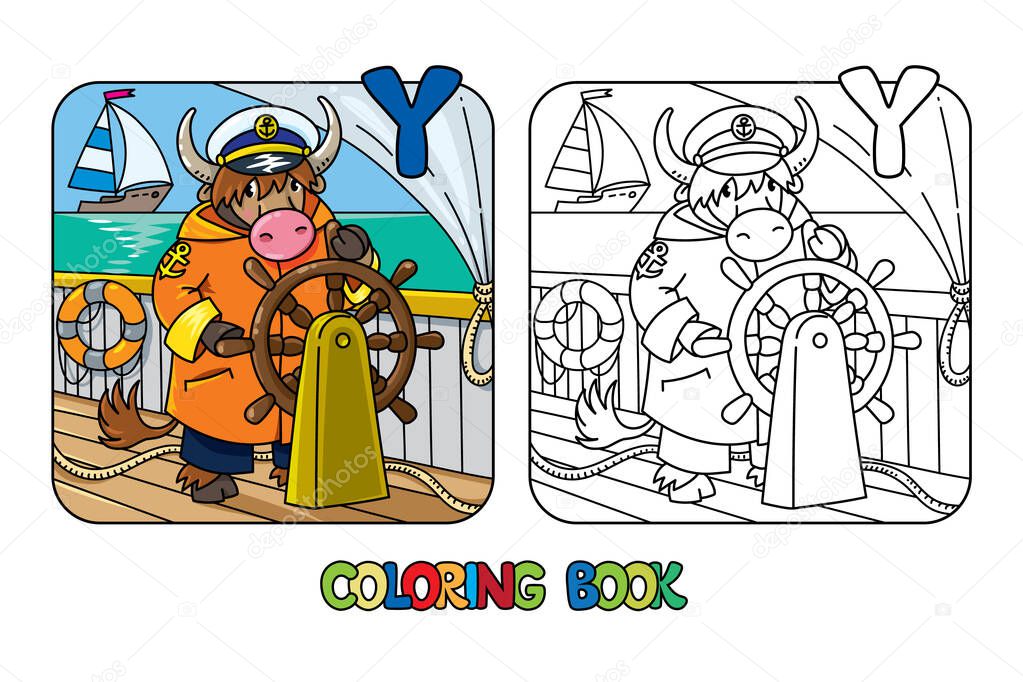 Yak yachtsman ABC coloring book. Alphabet Y