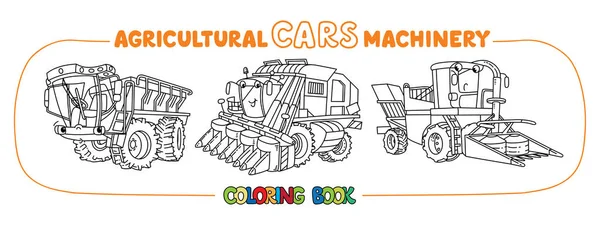 Maquinaria agrícola coches divertidos para colorear libro conjunto — Vector de stock