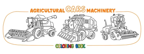 Agricultural machinery coloring book funny car set — Stock Vector