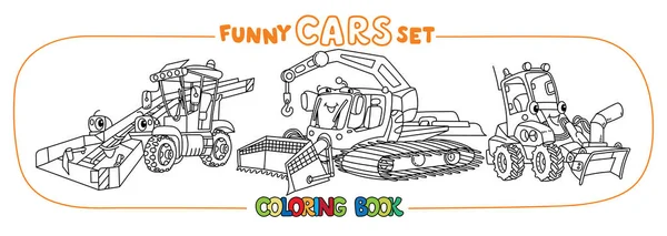 Pequeños coches divertidos con ojos. Libro para colorear conjunto — Vector de stock
