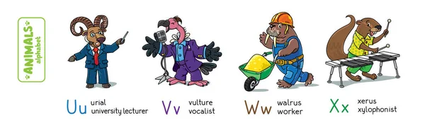 Animales Con Profesiones Abc Divertido Profesor Universitario Urial Vocalista Buitre — Vector de stock