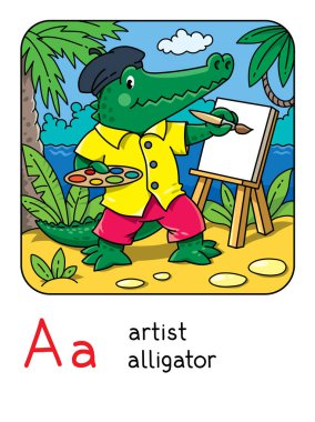 Timsah sanatçısı. Şapkalı komik timsahın çocuk vektör çizimi bir resim çizer. Çocuklar için A alfabesi. Mesleği ABC olan bir hayvan.
