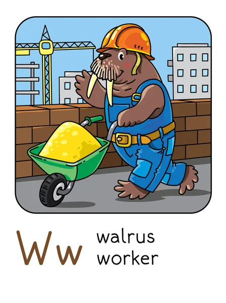 Walrus worker. Alphabet W. Animals professions ABC — Stock Vector