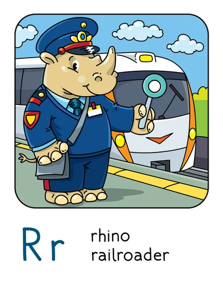 Rhino railroader Dieren beroep ABC Alfabet R — Stockvector