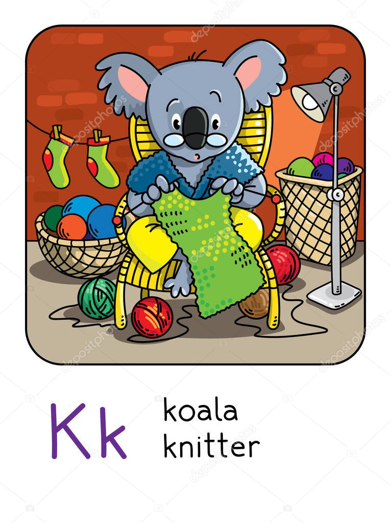Koala bear knitter. Profession ABC. Alphabet K