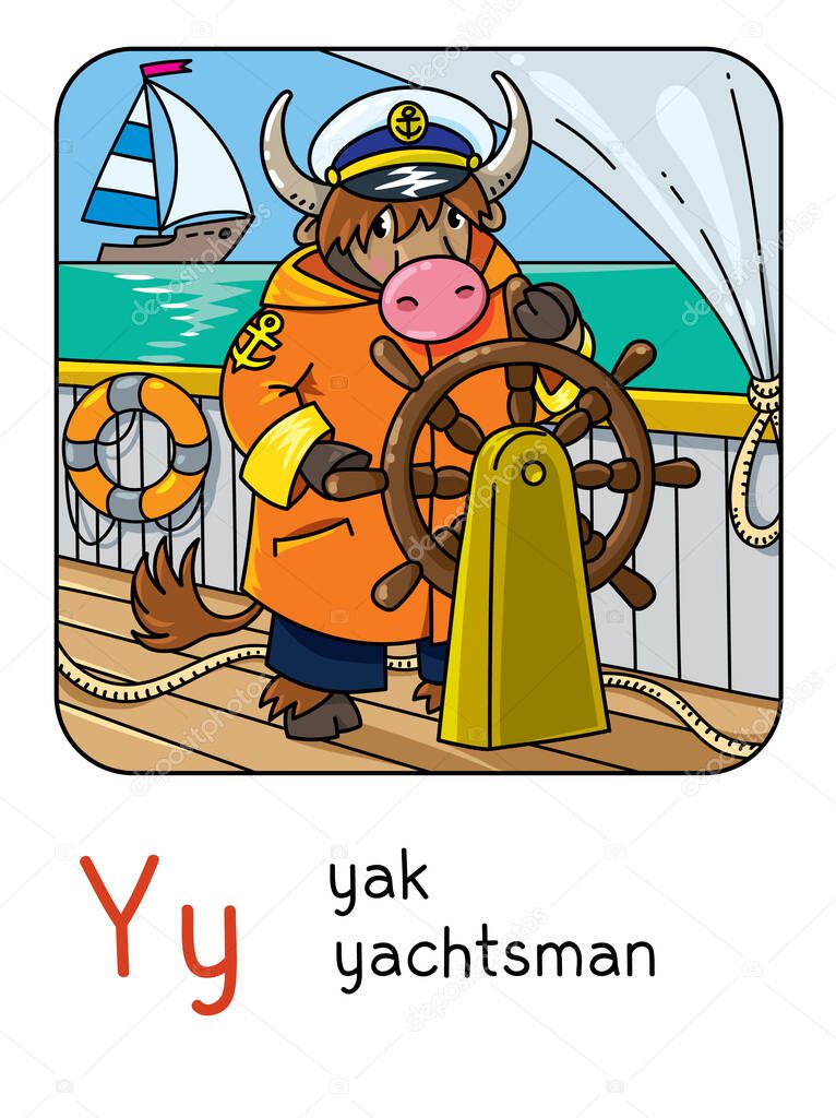 Yak yachtsman. Animals profession ABC. Alphabet Y