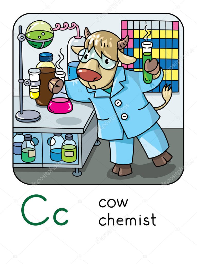 Cow chemist. Children vector illustration of funny cow scientist, in glasses dressed in a lab coat with retort. Animals with profession ABC. Alphabet C for kids