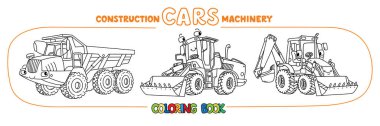 Articulated dump truck, bulldozer and construction tractor. Small funny vector cute cars with eyes and mouth. Coloring book set for kids. Children vector illustration. Construction cars machinery. clipart