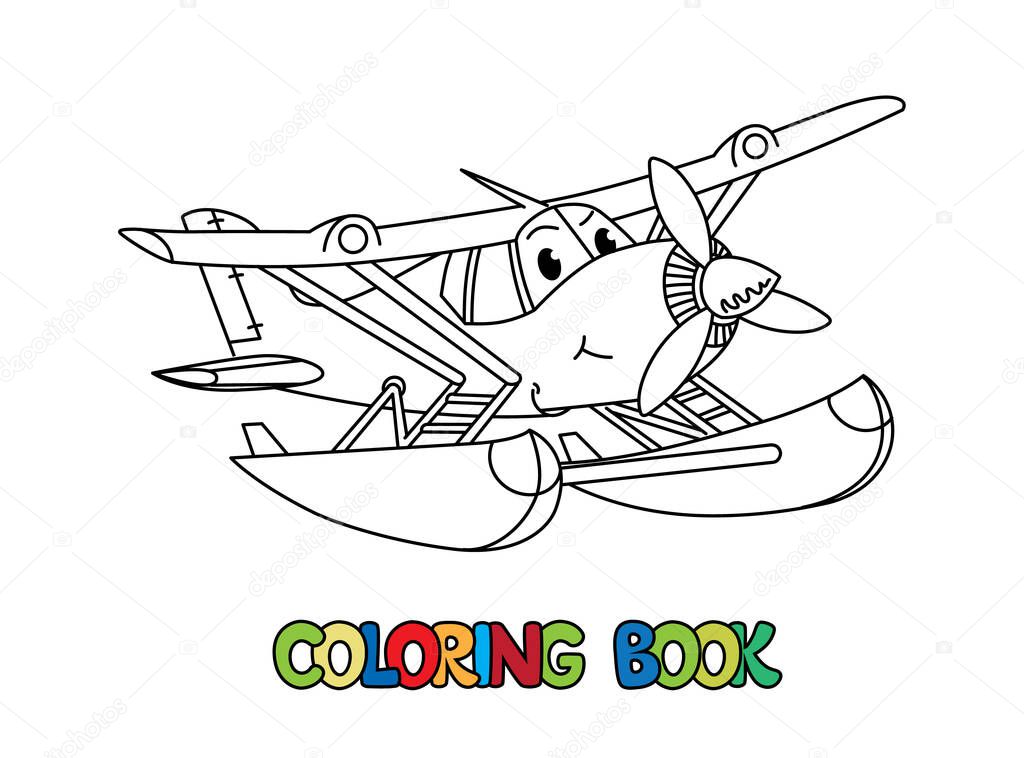 Funny hydroplane with eyes. Airplane coloring book