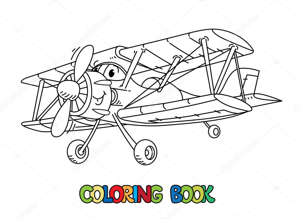 Funny biplane with eyes. Airplane coloring book