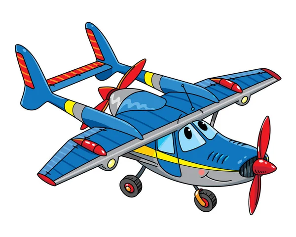 目と口を持つ面白いかわいい軽飛行機 子供のベクターイラスト 子供のためのかわいい航空機 — ストックベクタ