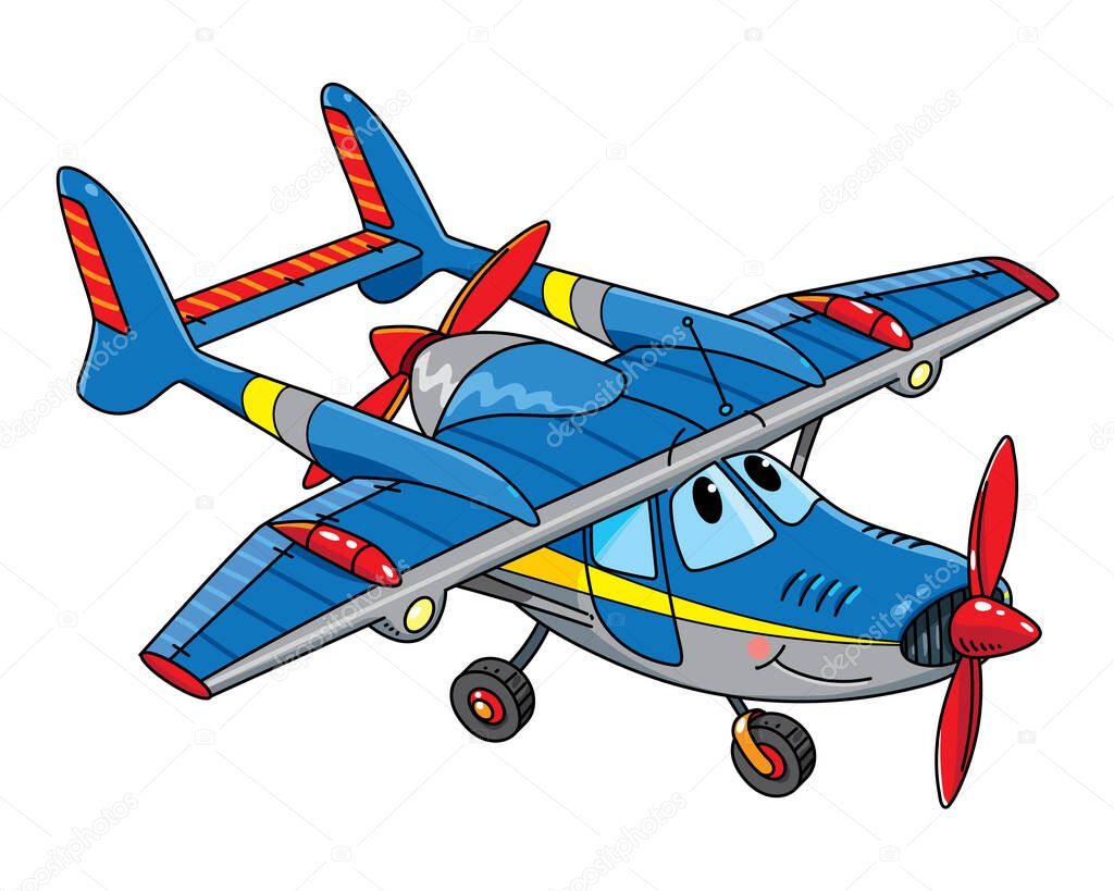 Funny cute light aircraft plane with eyes and mouth. Children vector illustration. Cute aircraft for kids