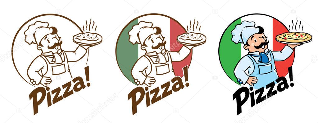 Emblem of funny cook or chef or baker with pizza and logo on background colors of the Italian flag. Two monochrome and one fullcolor version. Children vector illustration.