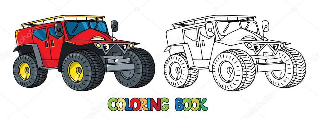 Small funny rescue vehicle or truck coloring book for kids. Vector cute Offroader or SUV with eyes and mouth. Children vector illustration. Car coloring book