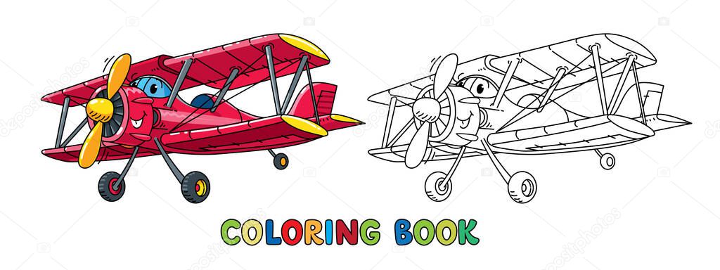 Airplane. Funny cute biplane with eyes and mouth. Children vector illustration. Cute aircraft for kids. . Coloring book