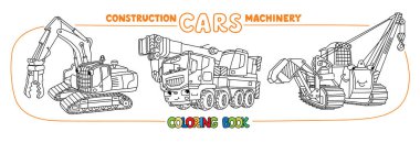 Mobil vinç ya da otoocrane, kazıcıyı yok etmek ve çocuklar için kamyon boyama kitabını parçalamak. Gözü ve ağzı olan küçük, komik, sevimli arabalar. Çocuk vektör çizimi. Ağır makineler