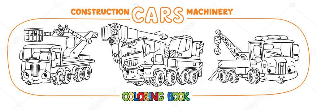 Mobile crane. Truck crane or autocrane coloring book for kids. Small funny vector cute car with eyes and mouth. Children vector illustration