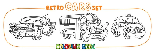 Grappige kleine retro auto 's met ogen kleurboek set — Stockvector