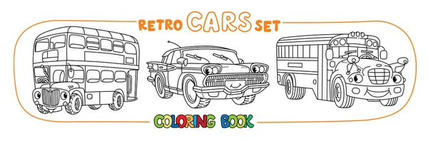 Grappige kleine retro auto 's met ogen kleurboek set — Stockvector