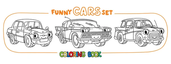 Śmieszne małe samochody retro z oczami kolorowanki zestaw książek — Wektor stockowy