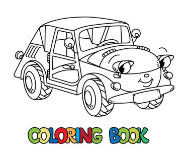 Gözleri olan komik, küçük bir retro araba. Boyama kitabı