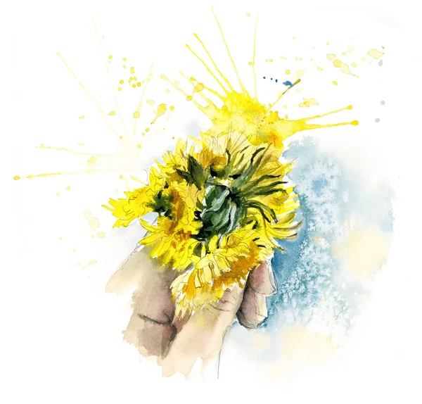 Yellow flowers. First bouquet for mummy. Watercolor hand drawn illustration