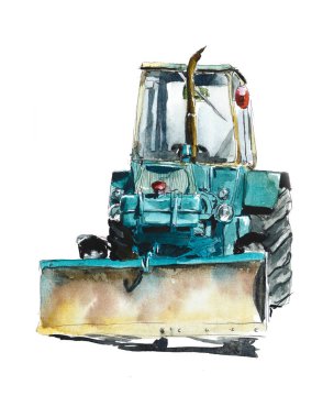 Mavi traktör. Buldozer, ekskavatör. El suluboya resim çekilmiş. Kroki