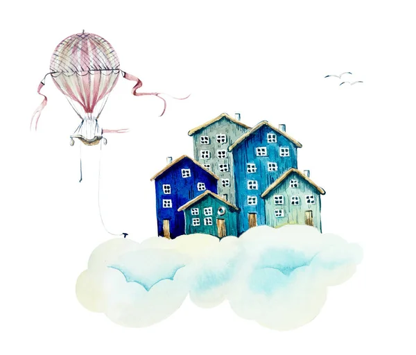 Cloudy village. Watercolor hand drawn illustrations — Stock Photo, Image