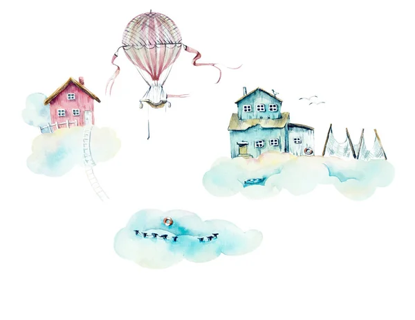 Cloudy village. Watercolor hand drawn illustrations — Stock Photo, Image