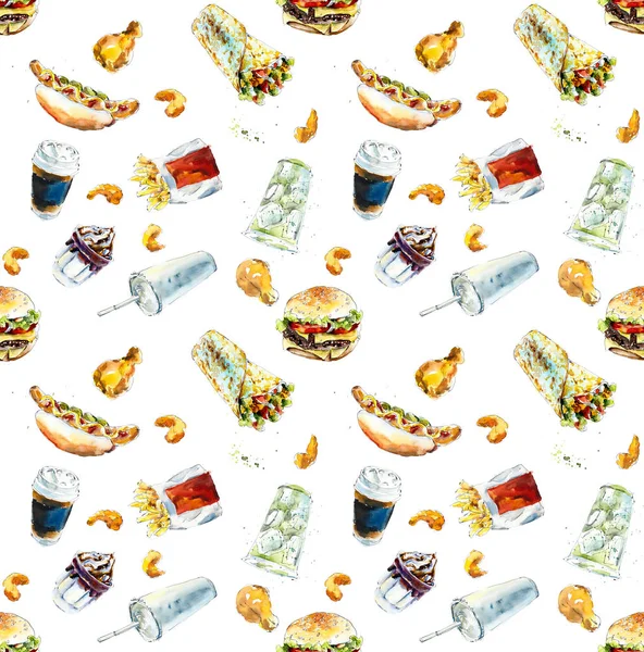 Seamless pattern from fast food. Watercolor hand drawn illustration