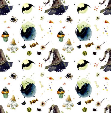 Cadılar bayramı elemanlarının suluboya dikişsiz desen. Parlak elle çizilmiş elemanlar