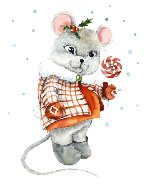 Noel kartı. Üzerinde lolipop olan kışlık elbiseli bir fare. Suluboya el çizimi çizimi