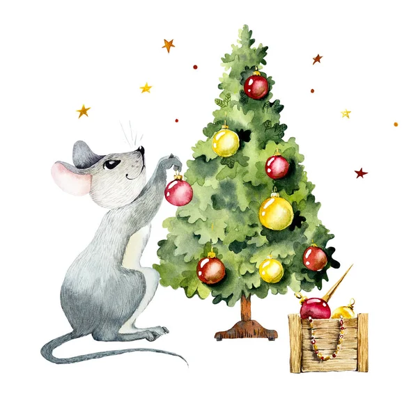 Egér díszíti a karácsonyfát. Akvarell kézzel rajzolt illusztráció — Stock Fotó