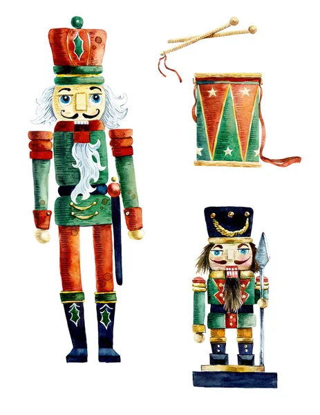 Weihnachtsspielzeug. Nussknacker aus Holz. Aquarell Handzeichnung Illustration — Stockfoto