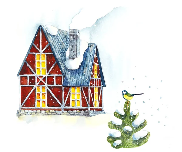 Casa. Inverno. Illustrazione disegnata a mano acquerello — Foto Stock