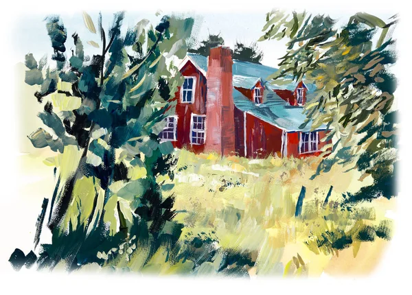 美国农场。 Gouache手绘插图 — 图库照片