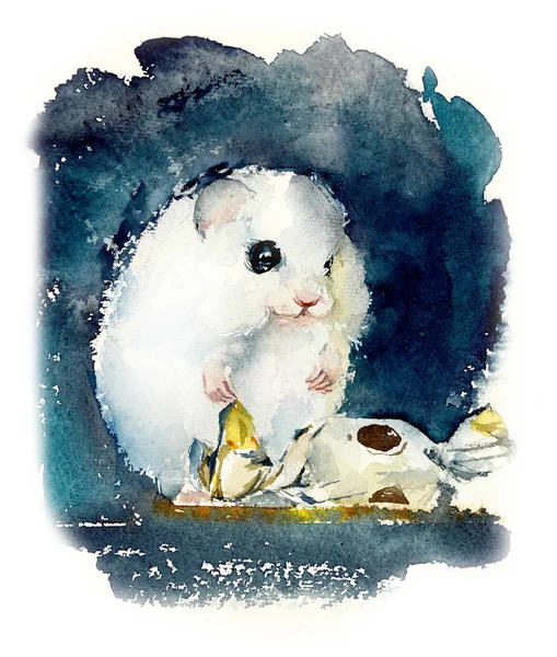 White hamster. Watercolor hand drawn illustration. — Stock Photo, Image