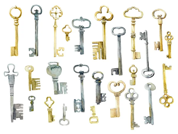 Old forged keys. Watercolor hand drawn illustration — Stock Photo, Image