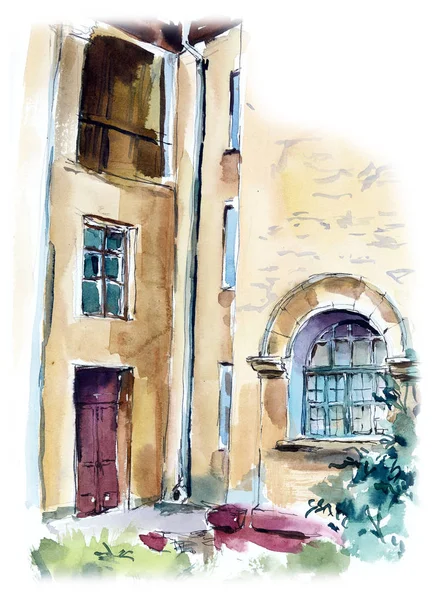 The old house in Novosibirsk, Russia. Watercolor hand drawn illustration — Stock Photo, Image