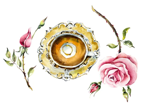 Tea Time. A cup of tea with roses. Watercolor hand drawn illustration. — Stock Photo, Image