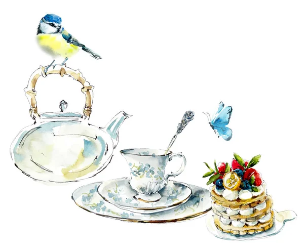 Tea Time. Titmouse and butterfly on a tea drinking. Watercolor hand drawn illustration. — Stock Photo, Image