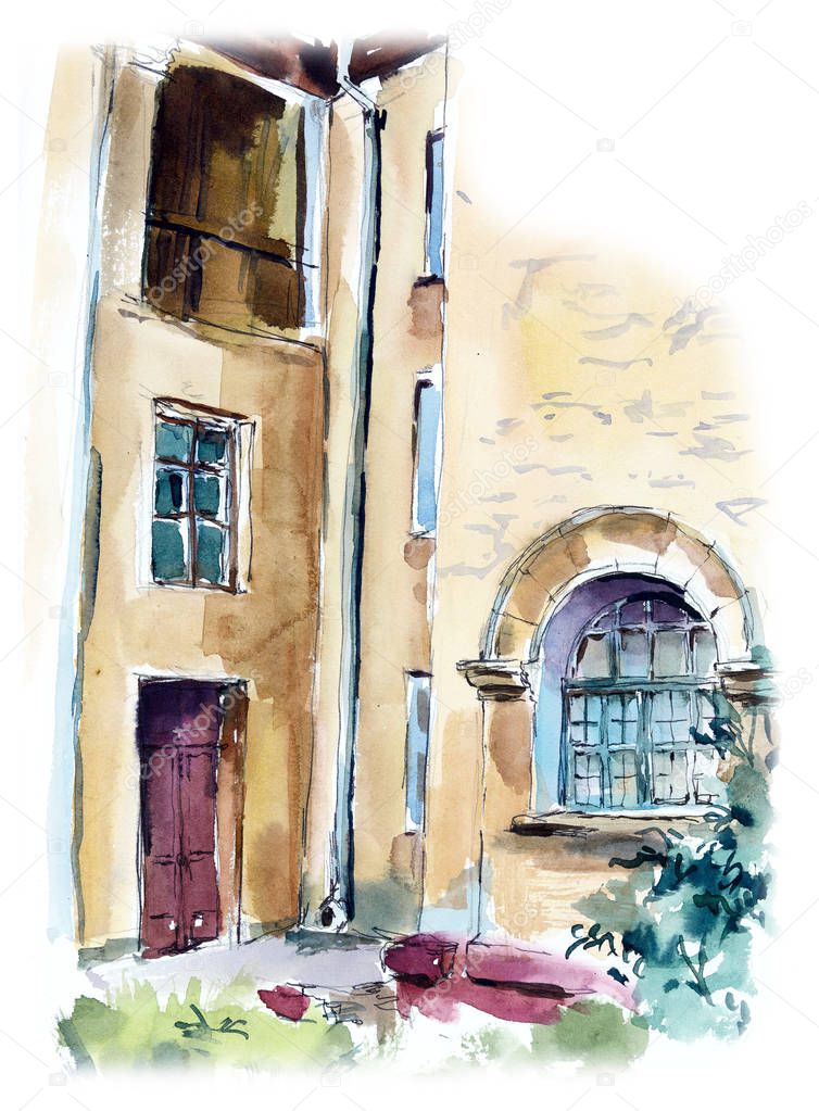 The old house in Novosibirsk, Russia. Watercolor hand drawn illustration