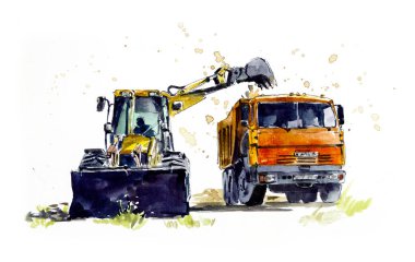 Traktör steyşın vagonu Kamaz 'ı toprakla dolduruyor. Suluboya el çizimi çizimi