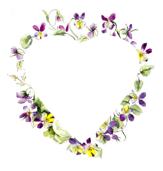 从紫罗兰框架。花的背景。水彩手绘插图 — 图库照片