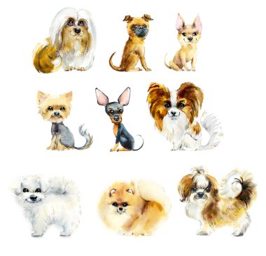 Çizgi filmdeki küçük köpekler. Suluboya el çizimi çizimi