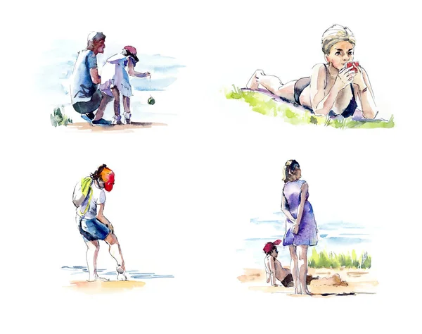 Люди на пляже. Ручной рисунок акварелью. Скетчи — стоковое фото