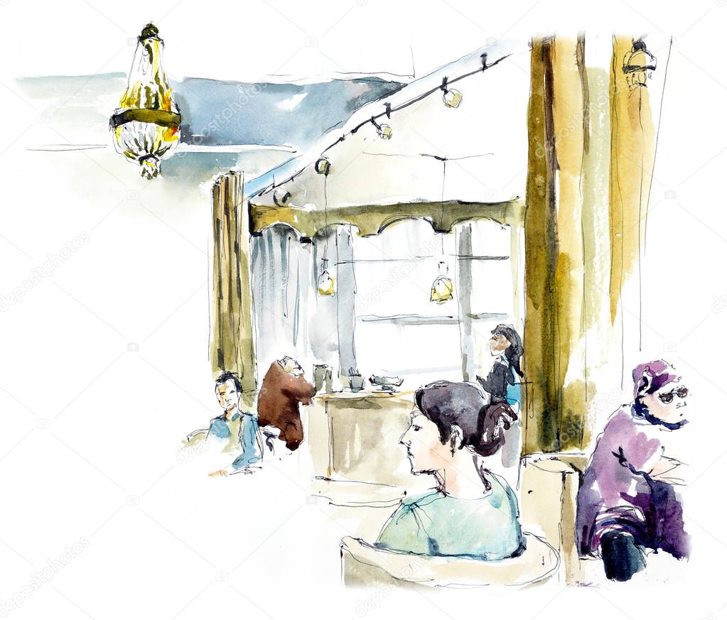 People in cafe. Watercolor hand drawn illustration
